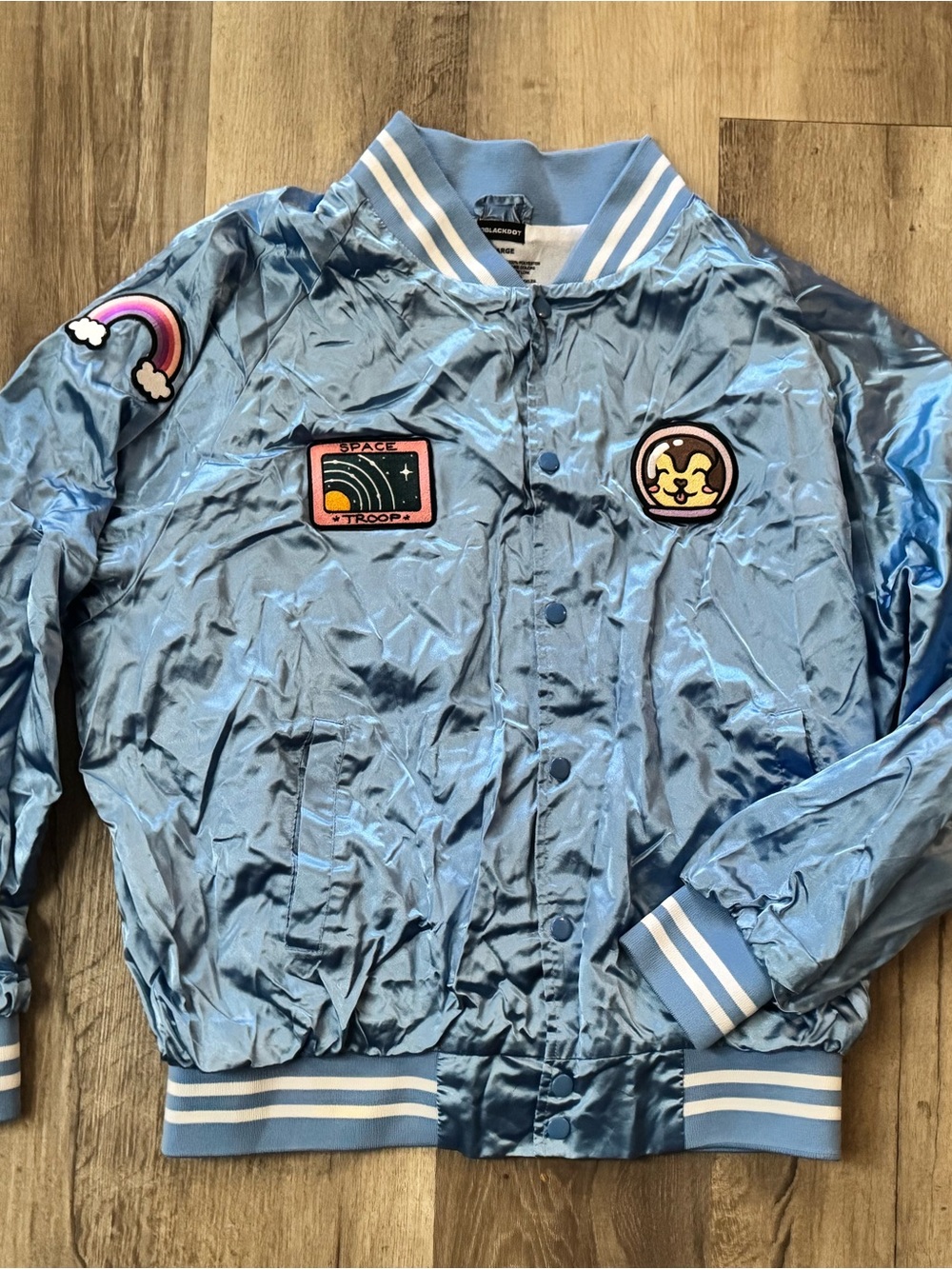 3blackdot  Light Blue Satin Bomber Jacket with Space Patches